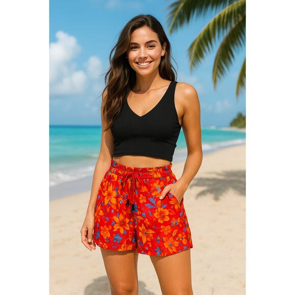 C&C California Linen Rayon Floral Shorts 6 Hi Waist Beaded Fringe Festival Boho - Picture 2 of 11